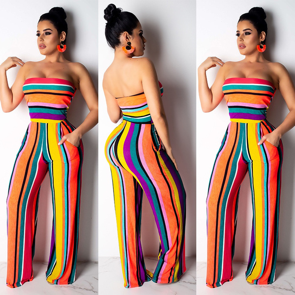 Rainbow Striped Printed Women Jumpsuit Lady Casual Multi Stripes Print Strapless Tube Long Loose Playsuit Street Womens Clothing Wish