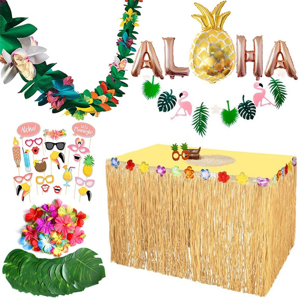 Hawaiian Tropical Themed Party Supplies Set Grass Table Skirt/Palm
