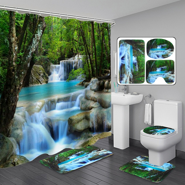 Bathroom Shower Curtain Waterfall Non-slip Bath Mat Set Lid Toilet 3D Waterfall