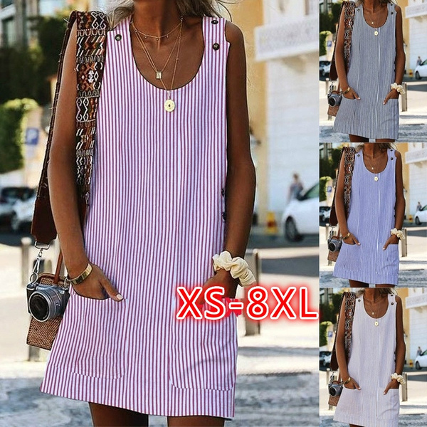 Women Summer Print Striped Casual Dress Tank Dress Vest T Shirt Blouse ...