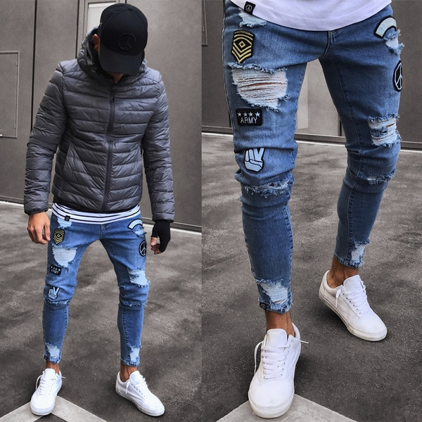 Men Stylish Ripped Jeans Pants Biker 