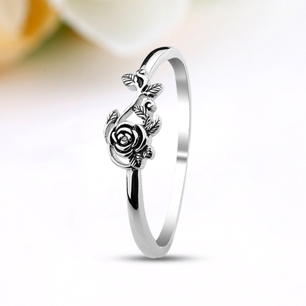 Sterling Silver Rose with Leaves Ring Silver Rings Flower Ring 