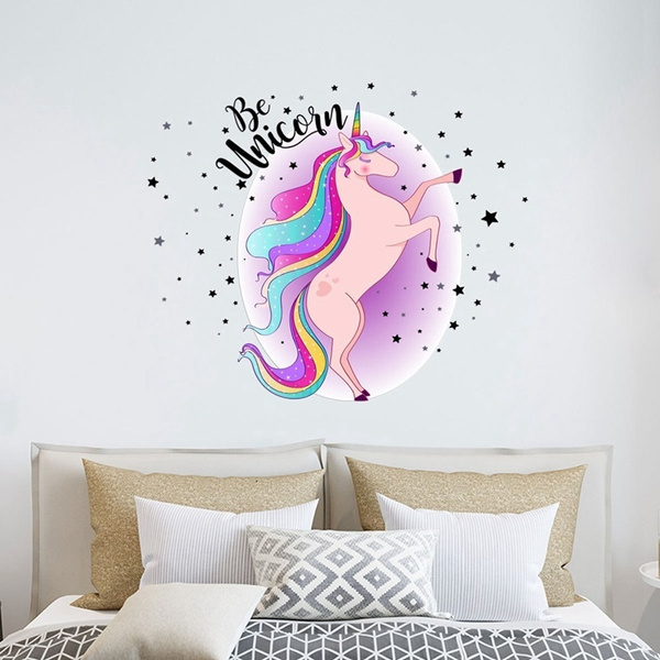 Creative Unicorn Stars Wall Stickers For Girls Bedroom Flowers Wall Decals DSUK