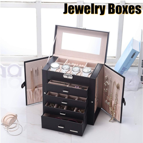 Synthetic Leather Huge Jewelry Box Mirrored Watch Organizer Necklace Ring Earring Storage Lockable Gift Case Brown Black Wish Synthetic Leather Huge Jewelry Box, Large Mirrored Jewelry Case