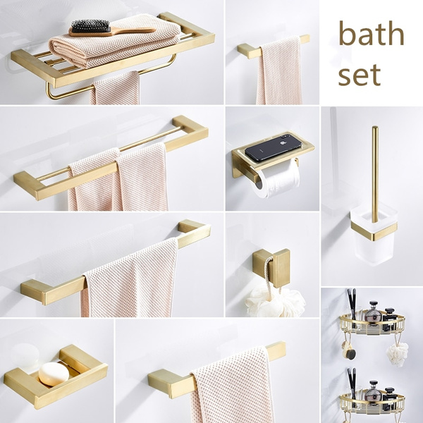 Gold Bathroom Wall Mount Accessories Towel Hanger Hook Toilet Paper/Brush Holder 