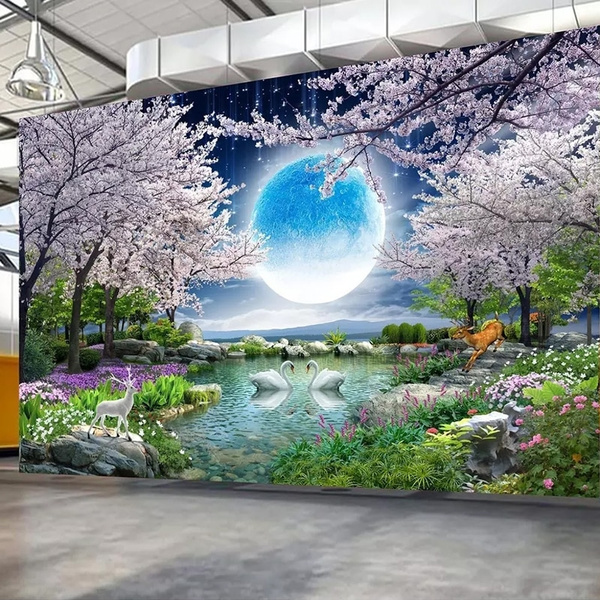 Custom Mural Wall Paper Moon Cherry Blossom Tree Nature Landscape Wall  Painting Living Room Bedroom Photo Wallpaper Home Decor | Wish