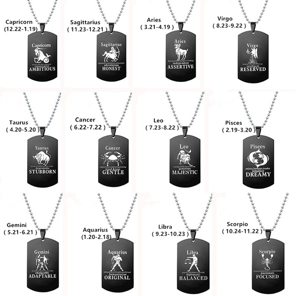 12 Constellations Dog Tag Pendant Necklace for Men Women 22/'/' Chain Stainless Steel Astrology Zodiac Signs Jewelry