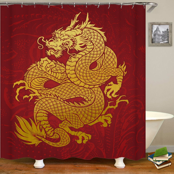 Oriental Mythical Dragon Print Shower, Oriental Shower Curtain Design