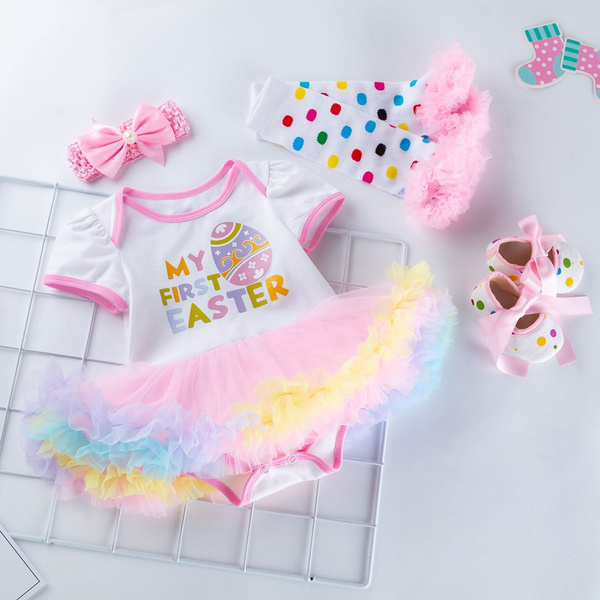 Jarsh 4PCS Baby Girl Newborn Baby Girls Princess Easter Eggs Print Tutu Dress Outfits Set