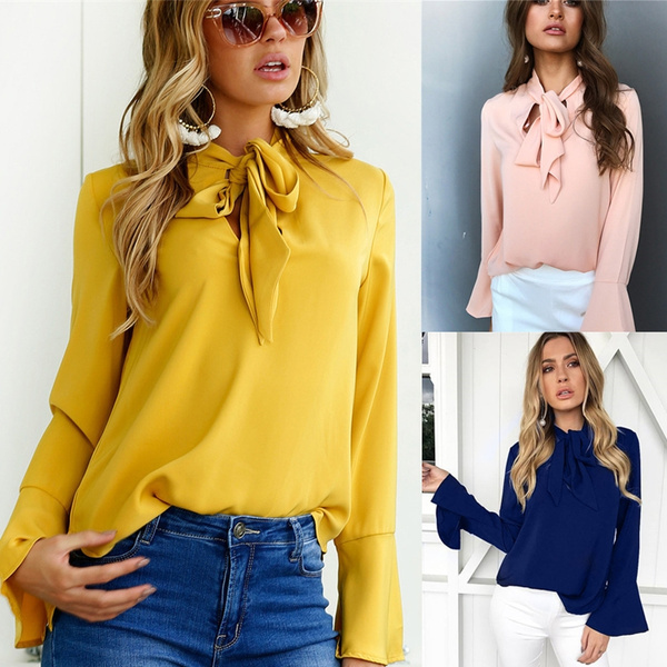 Fashion Women Long Sleeve Lace Up Chiffon Blouse Elegant Office Lady Solid  Loose Casual Shirts