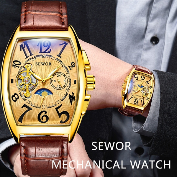 SEWOR New Black Gold Tonneau Tourbillon Automatic Mechanical Watch