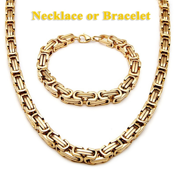 King Chain Necklace Set Wristband Stainless Steel Gold Silver Black Long Necklace 