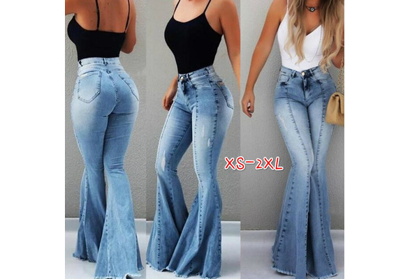 Women Fashion Casual High Waist Elastic Flare Jeans Retro Bell Bottom  Skinny Jeans Female Blue Wide Leg Denim Pants Ladies Stretchy Trousers