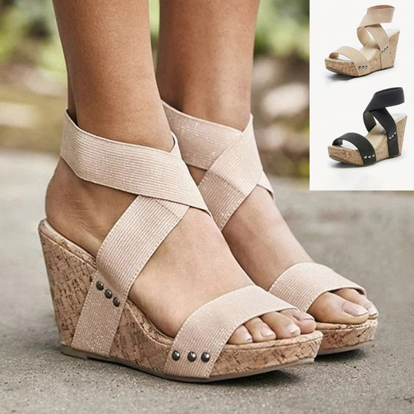 SSYUNO Womens Platform Sandals Espadrille Wedge Ankle Strap Peep Toe Sandals Summer Comfy Sandal High Heel Roman Shoe