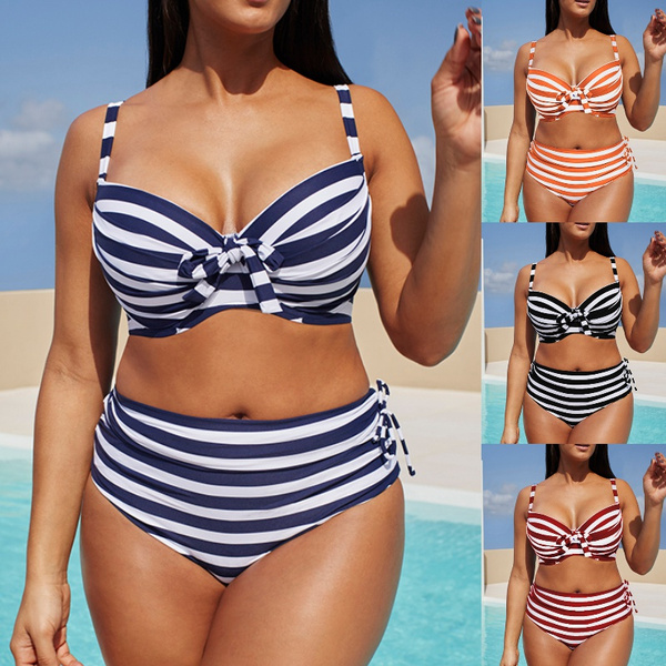 Plus Size Women Summer Fashion Two Piece Bathing Suit Stripe Print