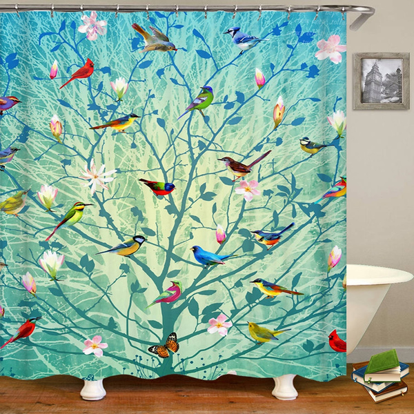 Colorful Tree Polyester Waterproof Bathroom Fabric Shower Curtain 12 Hook 