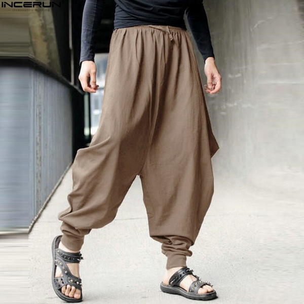Mens Japanese Samurai Style Boho Casual Loose Fit Harem Baggy Hakama Linen Pants 