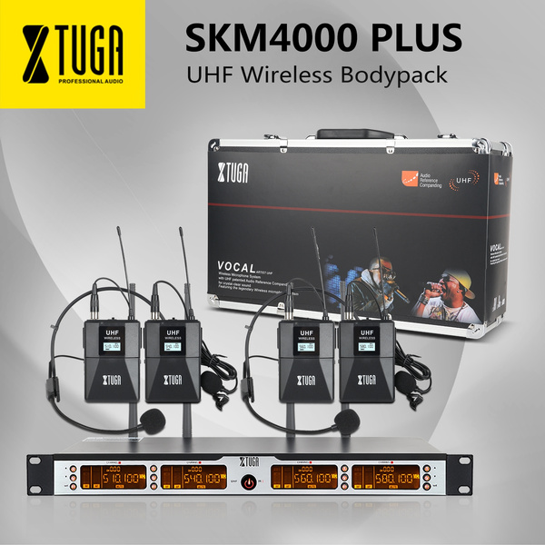 XTUGA SKM4000PLUS 4 x100 Channel UHF Wireless Bodypack Microphone System with Selectable Frequencies Prevent Interference Small Karaoke Night Church Use for Family Party Range:200-320Ft