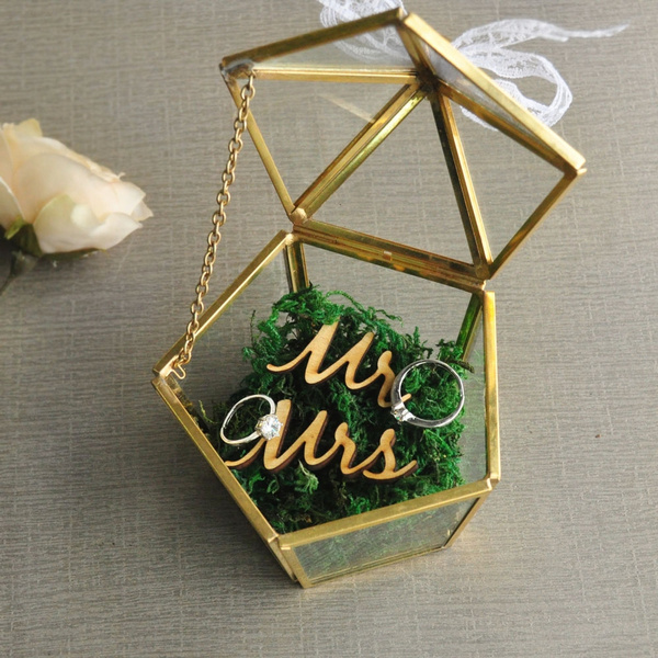 Particular Jewelry Ring Box Holder Pentagonal Glass Wedding Engagement Gift I Do 