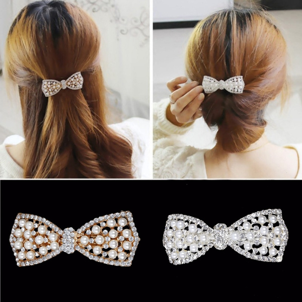 1PC Crystal Rhinestone Hairpin Women Girls Pearl Bow Hair Clip Hair  Decoration Accessories
