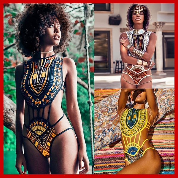 Fashion One Piece African Dashiki Print Bikini Monokini Hollow Out Backless Swimwear Swimsuit