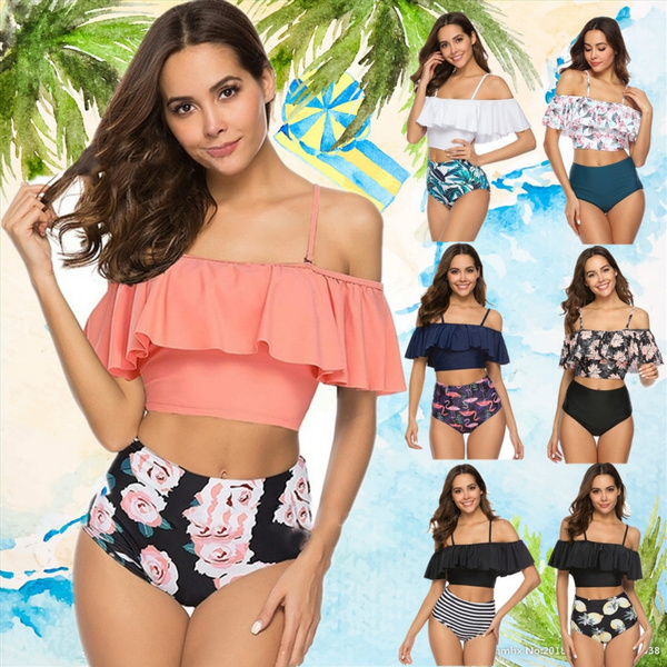 Women Off Shoulder Ruffle Swimsuit Crop Top Two Pieces Bathing Suit