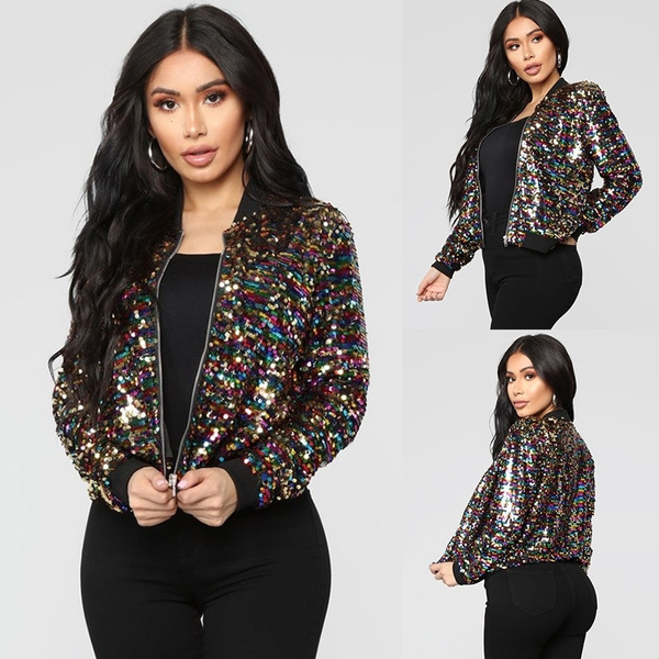 Women Open Front Sequins Jacket Puff Long Sleeve Short Blazer Club Casual  Coat | eBay