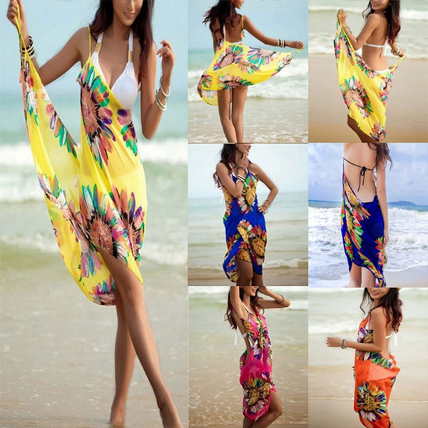 Women's Halter Sling Chiffon Beach Dress Sexy Sling Beach Wear Dress Sarong  Bikini Cover-ups Wrap Pareo Skirts Towel Open-Back Swimwear Bikini Blouse