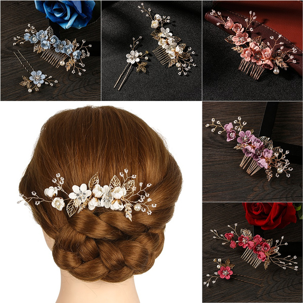 Crystal Crown Hair Combs Rhinestone Tiara  Bridal Clips Pearl Hair Pin 