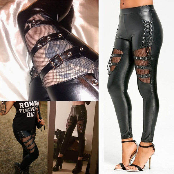 Women s Fashion Leather Leggings Spandex Mesh Stitching PU Leather Pants