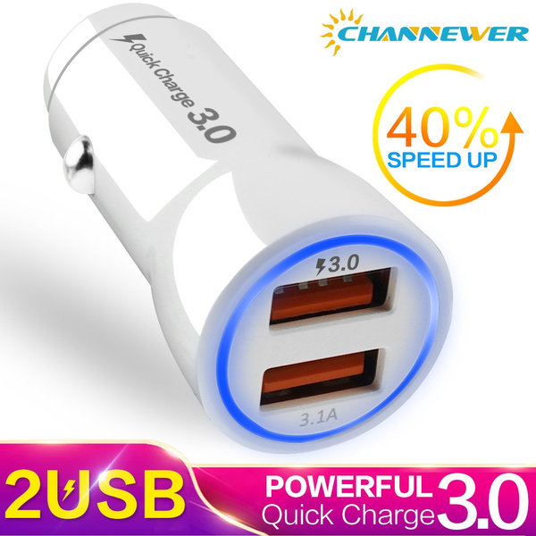 Compact Dual USB Car Charger, Circle LED Lights Up Quick Charge 3.0 Adapter  with Smart IC 33W/3.1A 2-Ports USB-A Flush Fit Fast Charging Vehicle Car