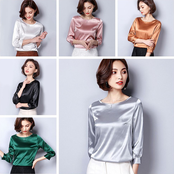 Women Ladies 3/4 Sleeve T-shirt Satin Silk-like Scoop Neck Top Tee