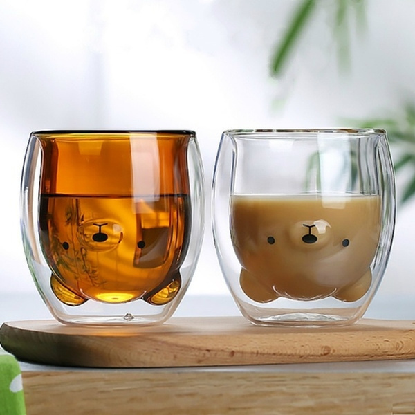 Double Wall Glass Bear Duck Cat Tea Coffee Cup Heat-resistant Clear Glass Mug UK