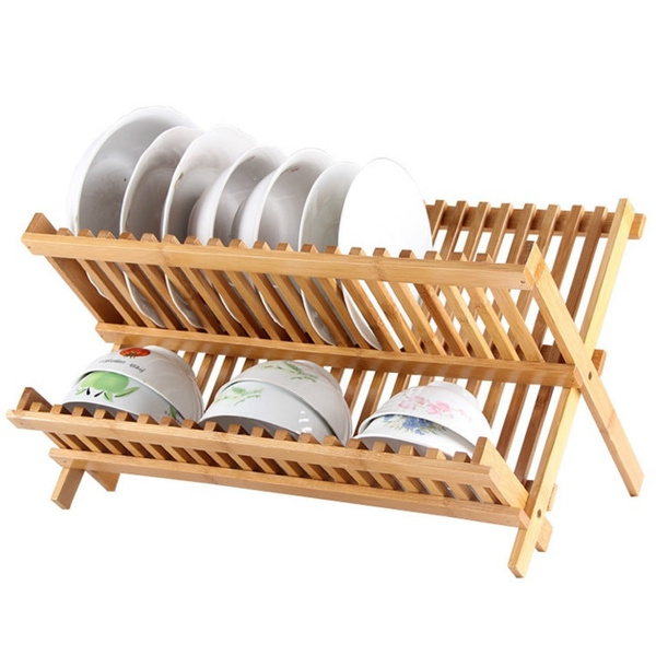 Collapsible Bamboo Drying Dish Rack 2 Tier Level Folding Dish Rack for  Counter Top Quick Dry Wooden Wood Dish Drainer
