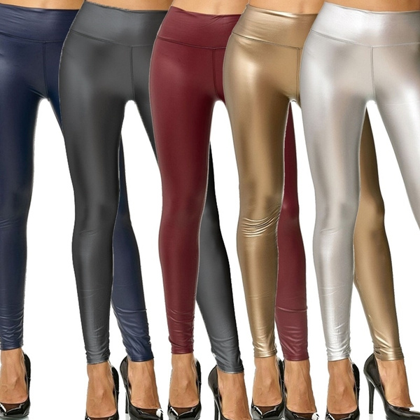 Women's Leggings Metallic Leather Look High Waist Wet Look Stretch ...