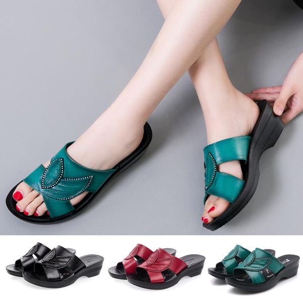 Women Female Ladies Mother Genuine Leather Shoes Sandals Flats