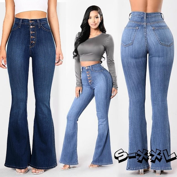 Women's New Fashion Broad Leg Jeans Tight Flare Trousers Elastic