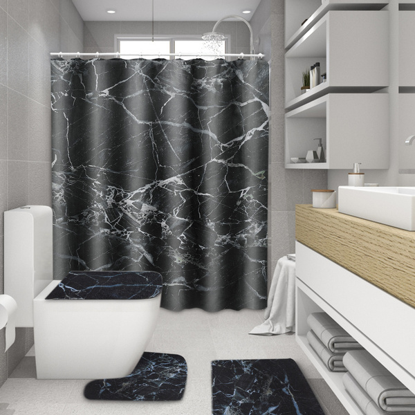 Bathroom Decor Black Marble Texture Mildew Proof Shower Curtain Anti Slip Toilet Cover Mat Rugs Wish