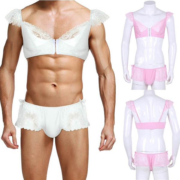 Men's 2 Piece Lingerie Set Satin Frilly Bra Tops Sissy Panties Nightwear