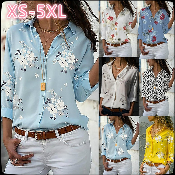 New Fashion Plus Size XS-5XL Women Casual Long Sleeve Shirts Flower ...