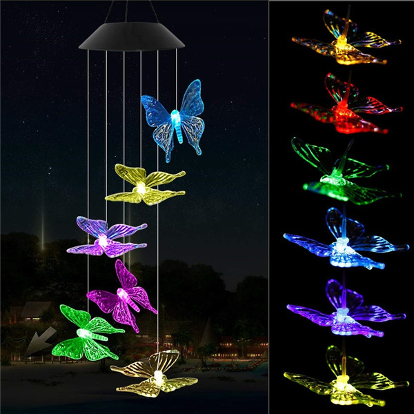 LED Solar Butterfly Wind Chime Lamp Waterproof Garden Outdoor Yard Hanging Light 