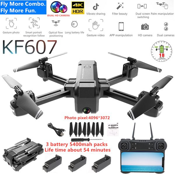 Newest Dual HD 4K Camera FPV KF607 RC Drone 1800mAh Super Long Battery Life Gravity Sensing Optical Flow Positioning Dual Camera Switching Auto