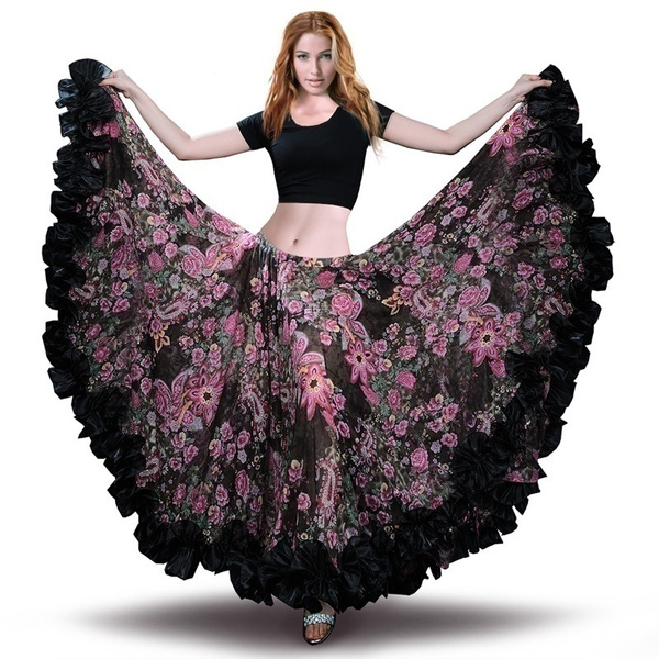 Top Set Belly Dance Chiffon Ruffle Tie Gypsy Dress Flamenco Jupe Tribal Skirt 