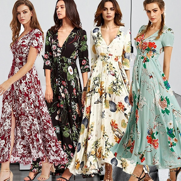 Fashion Bohemian Dress Womens V Neck Floral Print Big Swing Long Dress ...