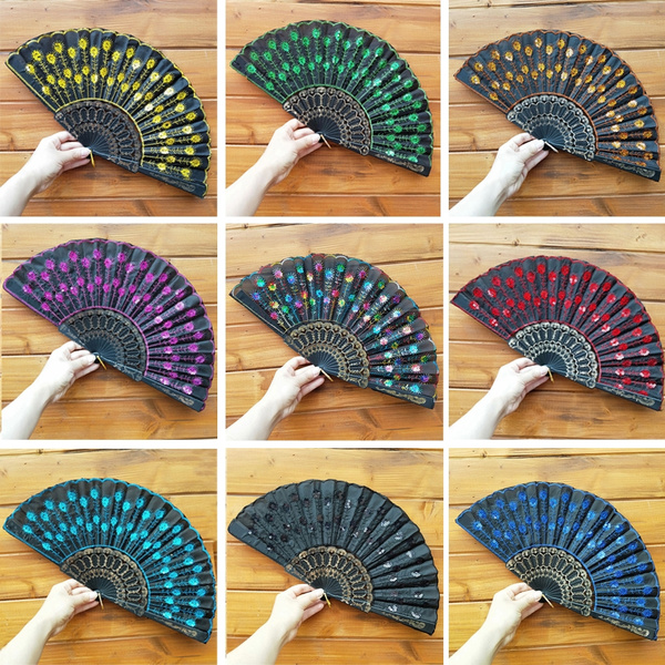 Peacock Pattern Folding Hand Held Danc Fan Embroidered Sequin Wedding Prom DZ