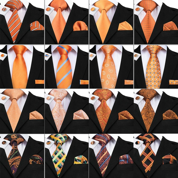 Classic Orange Plaids&Checks Silk Necktie Mens Tie Set Woven Hanky Cufflinks