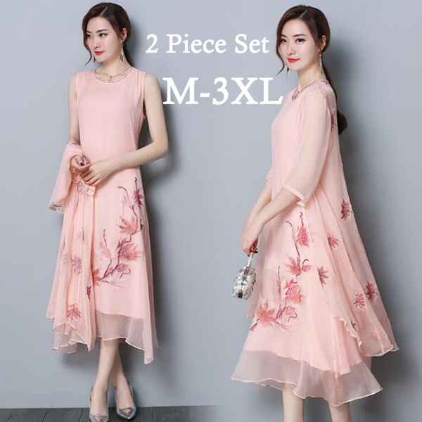 Women Elegant Embroidery Maxi Dress Loose Comfortable Silk Dress 2 Piece Set