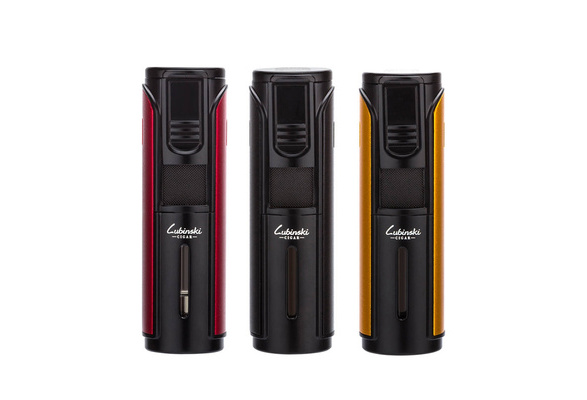 LUBINSKI Metal Cigar Lighter 4 Jet Windproof Torch Lighter Butane Cigarette  Lighters Gas Portable Bulit-in Cigar Holder Stand