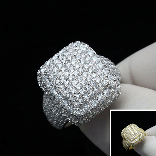 MEN 925 STERLING SILVER LAB DIAMOND GOLD ROUND ICED OUT BLING RING*GR90
