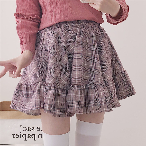 Women Skirt Check Plaid Ruffle Frilly A-line Lolita Kilt Vintage Japanese  Elastic Waist